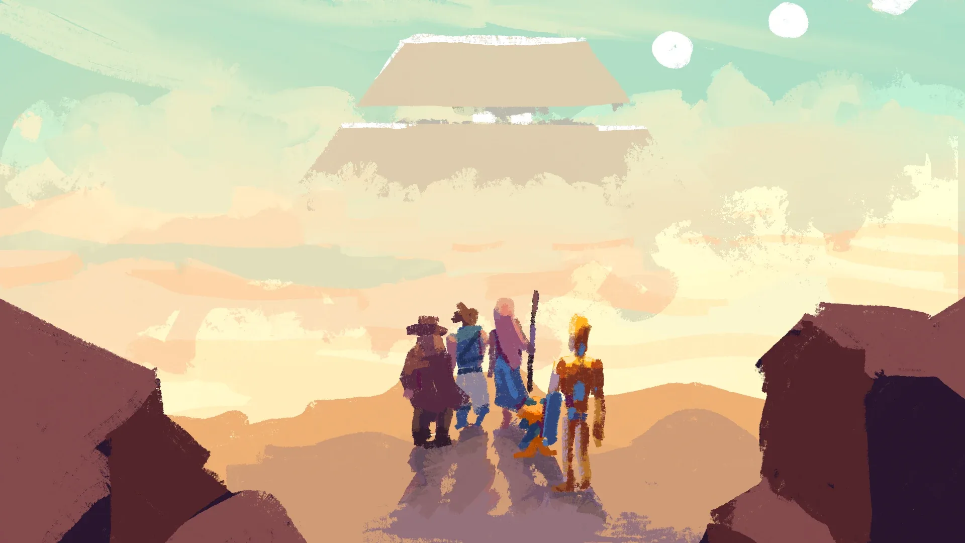 Pilgrims approaching a floating temple at dusk, painted concept for DO