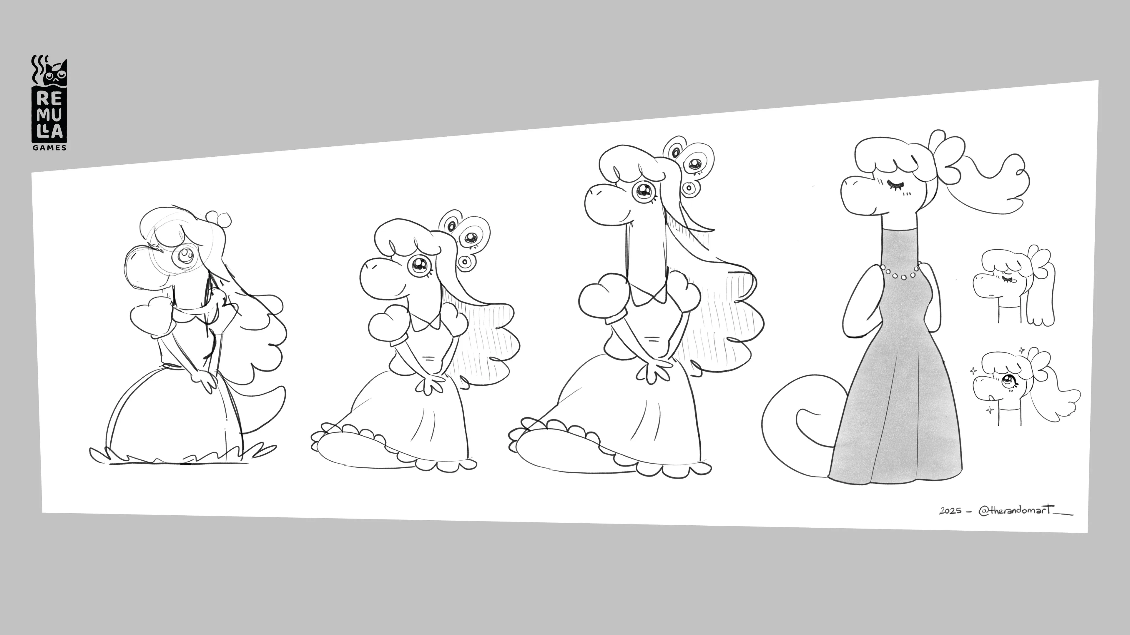 Study sheet for Kachin: four progressive line drawings of a pterosaur character in a ball gown