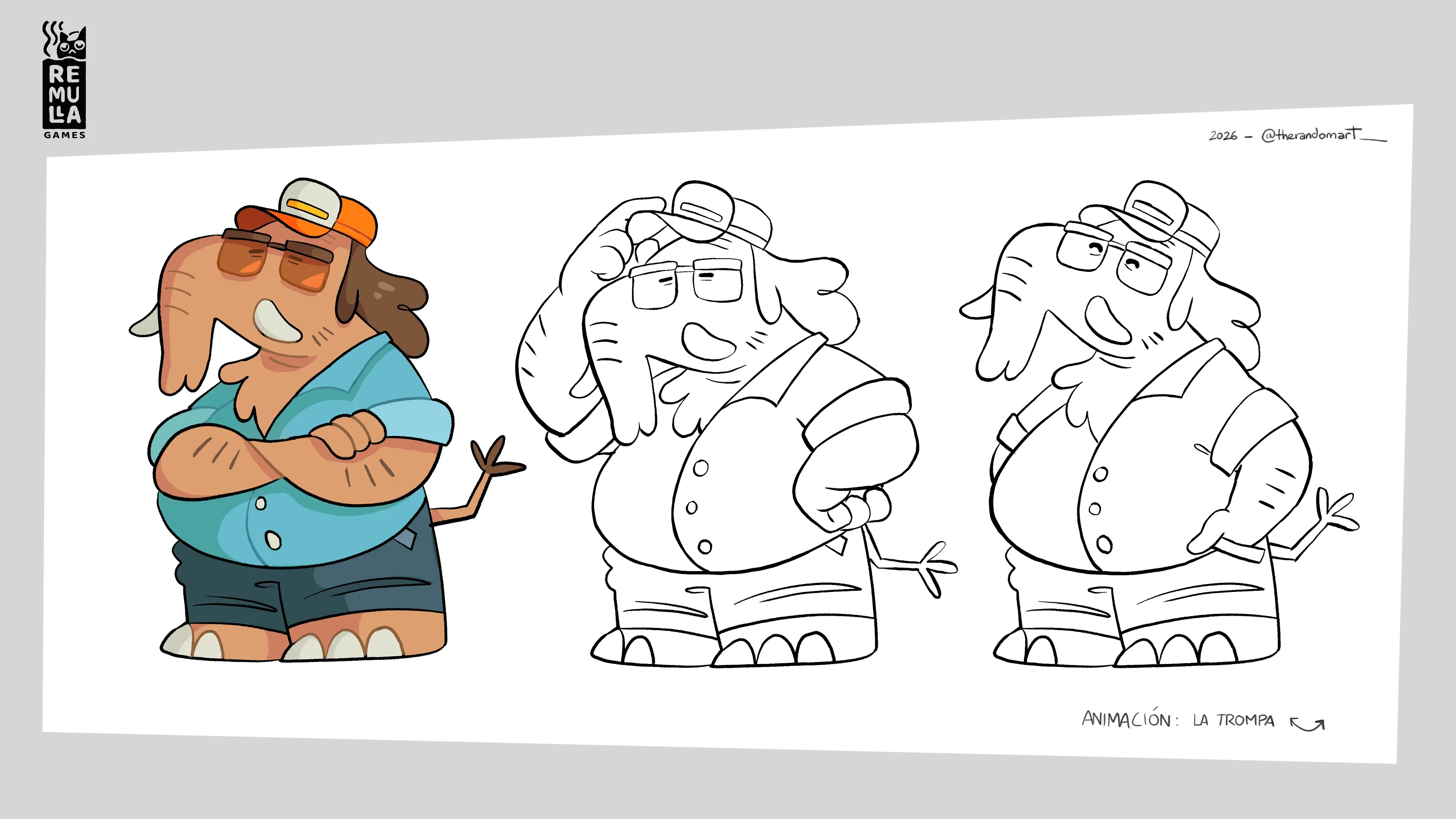 Pose sheet for Bento in Kachin, an elephant character in colour and two line variants