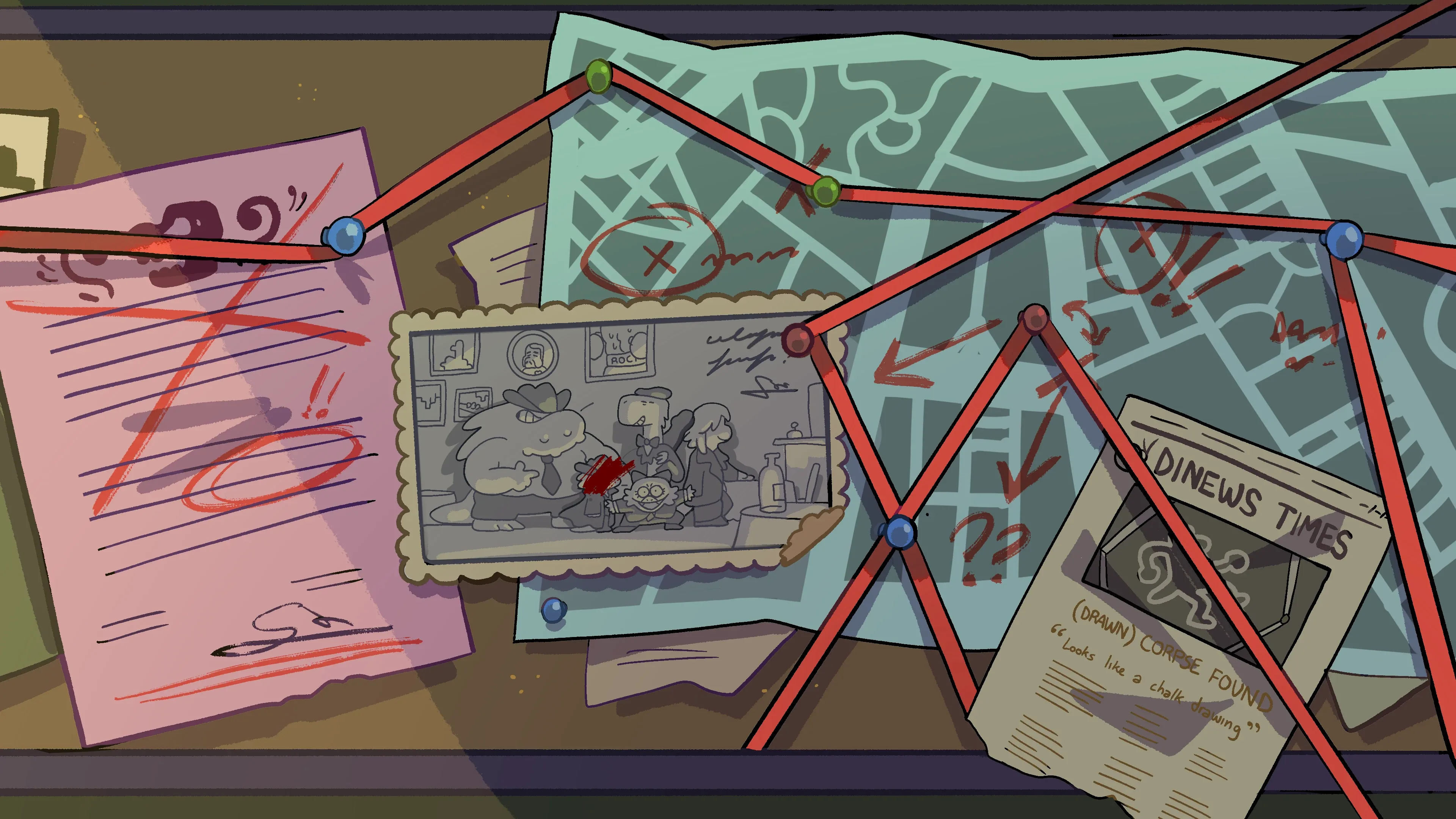 Din Dino's investigation wall in Kachin: pinned maps, photographs and newspaper clippings joined by red string
