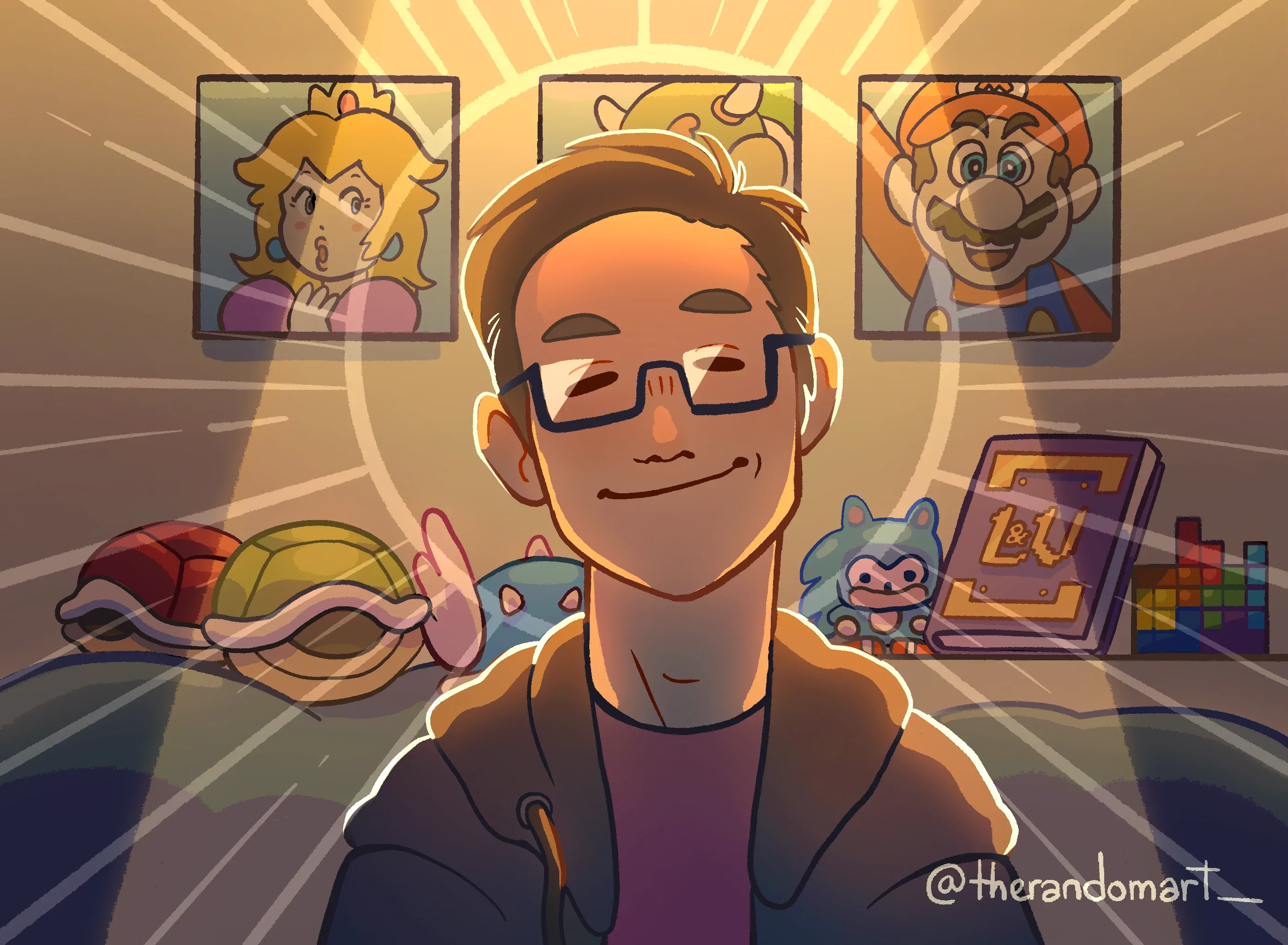 Card illustration: a smiling man backlit in a bedroom of Nintendo memorabilia and framed characters