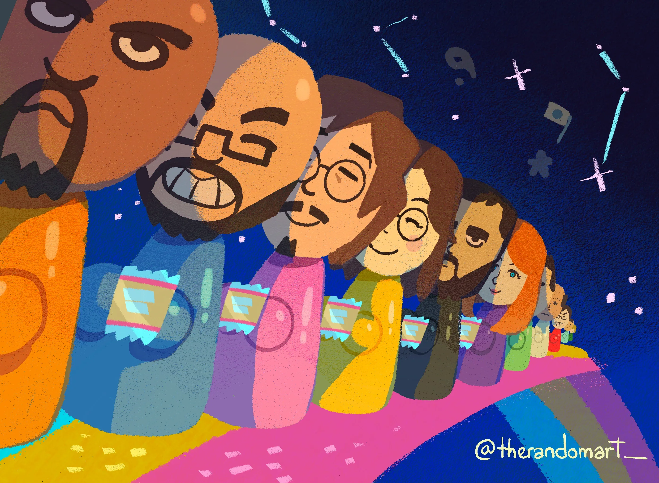 Card illustration: a queue of Mii-style characters holding tickets, receding into a starry sky