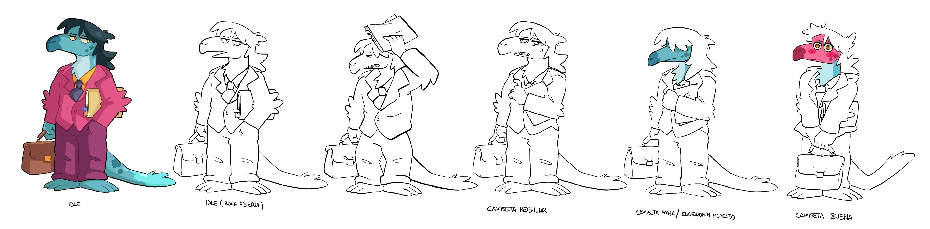 Pose sheet for Dubio in Kachin, six poses of a saurian lawyer with a briefcase