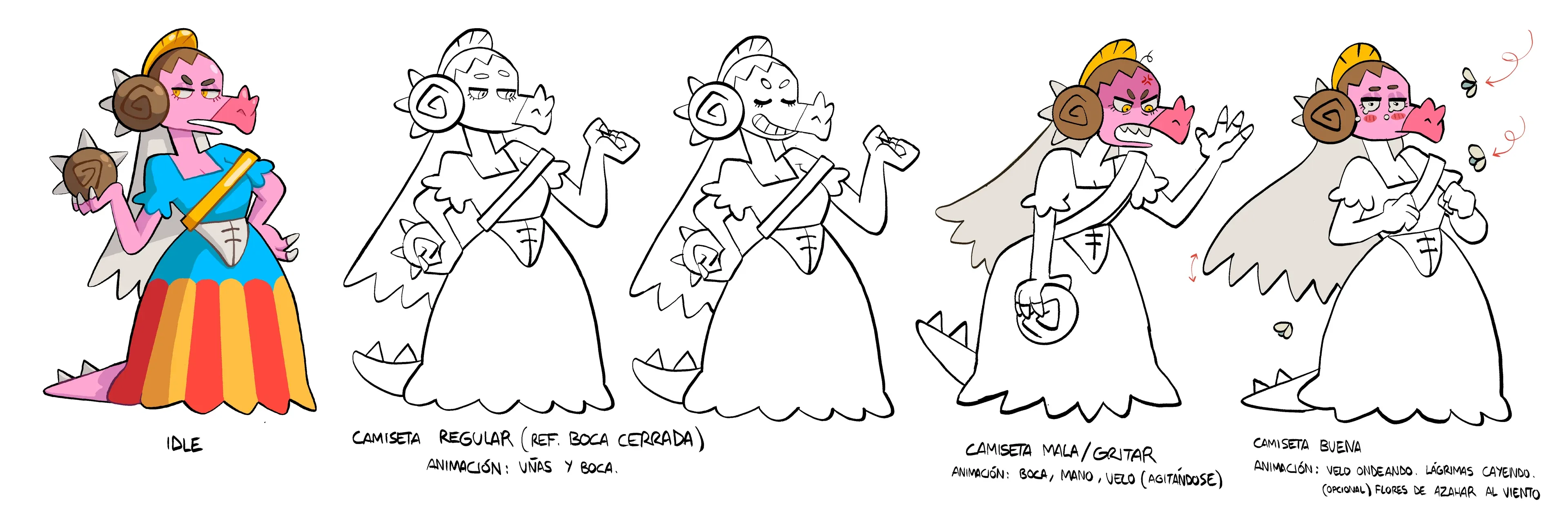 Pose sheet for Loretta in Kachin, four poses of a bride character, colour and line